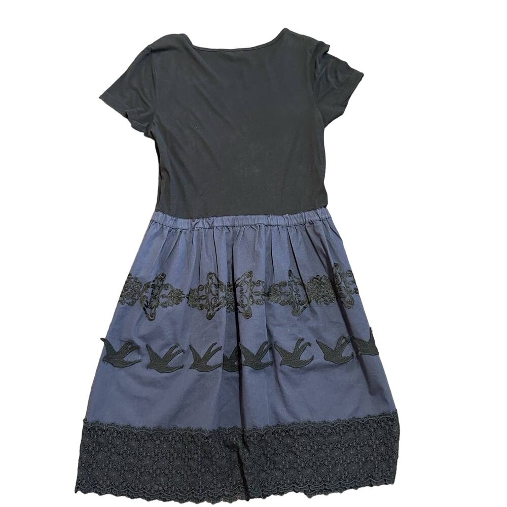 Anthro Leifnotes Womens dress black jersey, bird embellished navy skirt S - Picture 9 of 9